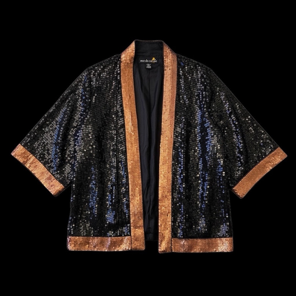 Rue de Calais 100% Silk Sequin Kimono Jacket | Black & Bronze | Size M